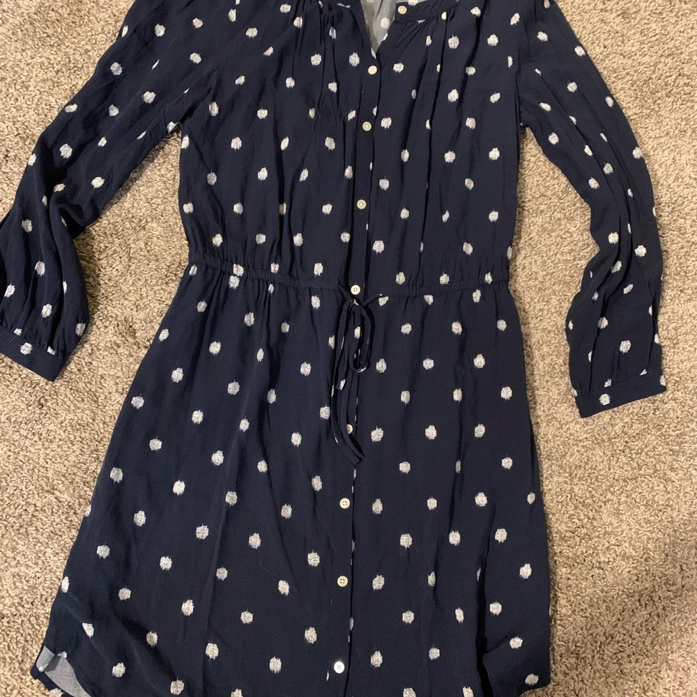 LOFT Navy Long Sleeve Dress with White Dots